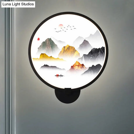 Chinese Metal Led Wall Lamp With Circular Natural View - Black Mural Light For Bedroom
