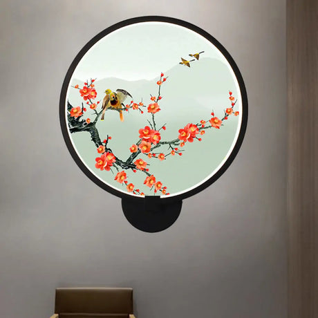 Chinese Metal Led Wall Lamp With Circular Natural View - Black Mural Light For Bedroom / A