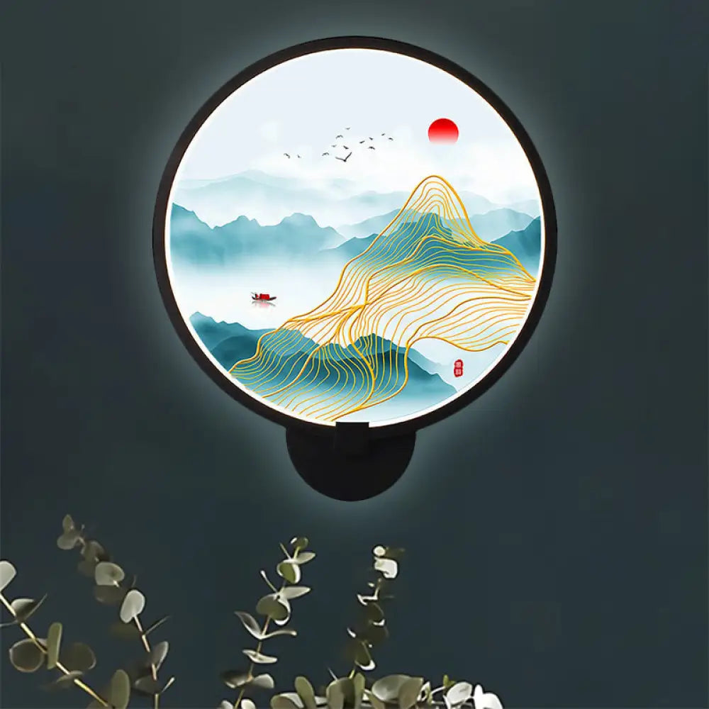 Chinese Metal Led Wall Lamp With Circular Natural View - Black Mural Light For Bedroom / B
