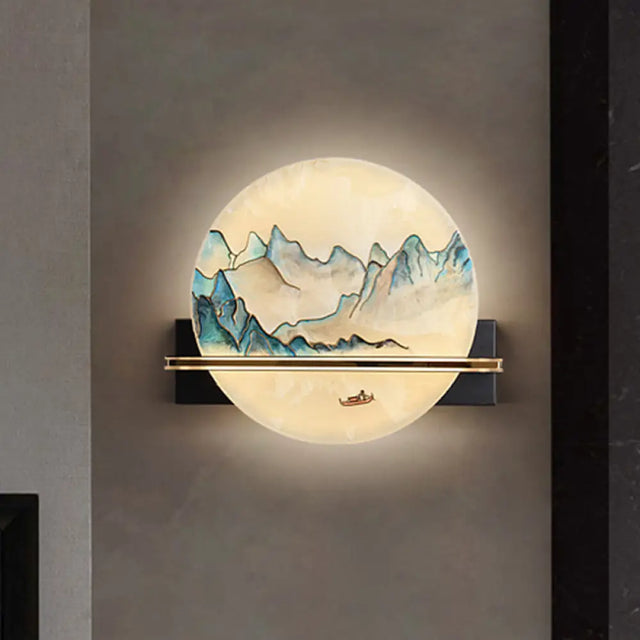 Chinese Metal Led Wall Sconce With Blue And White Hill Painting Mural For Bedside Blue-White