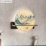 Chinese Metal Led Wall Sconce With Blue And White Hill Painting Mural For Bedside