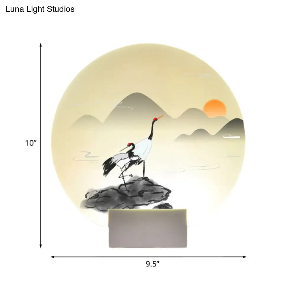 Chinese Style Acrylic Mural Light Led Wall Mounted Lamp White With Mountain And Crane Design