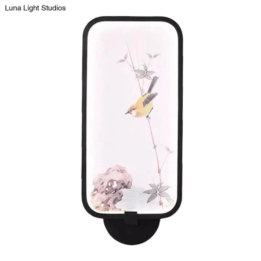 Chinese Style Acrylic Wall Mural Led Lamp: Rectangle Black Wall-Mounted With Bird Pattern