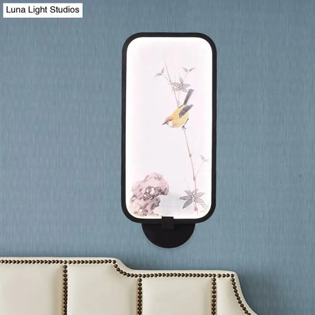 Chinese Style Acrylic Wall Mural Led Lamp: Rectangle Black Wall-Mounted With Bird Pattern