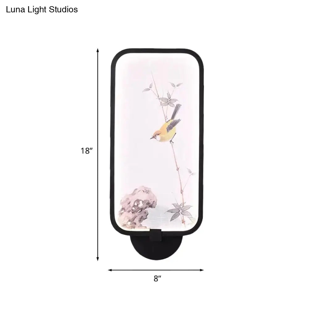 Chinese Style Acrylic Wall Mural Led Lamp: Rectangle Black Wall-Mounted With Bird Pattern
