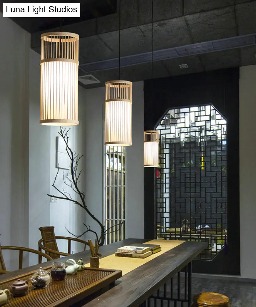 Chinese Style Bamboo Weaving Pendant Light - Wood Cage Hanging Lighting Fixture For Restaurants