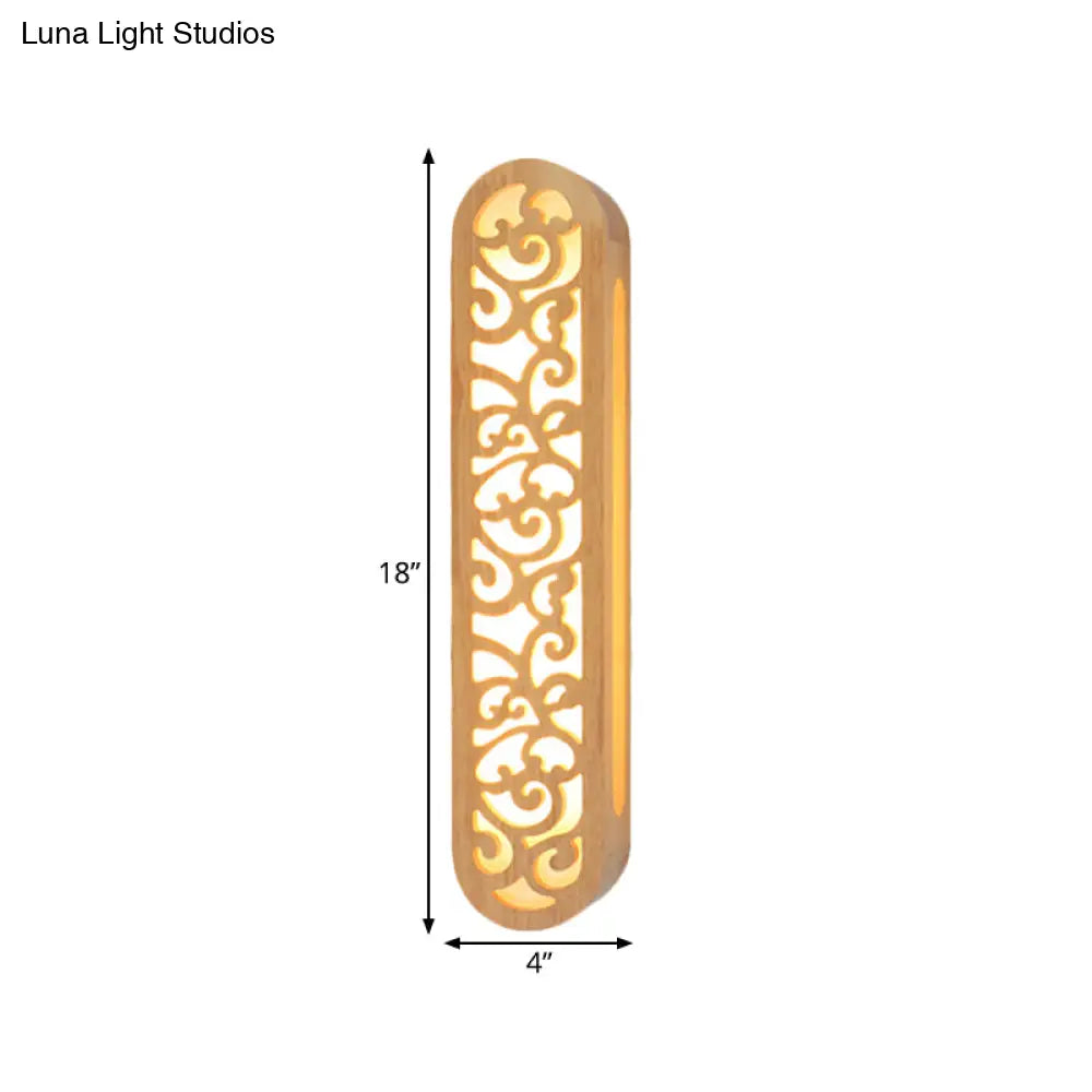 Chinese Style Beige Led Flush Wall Sconce With Carved Wood Shade