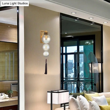 Chinese Style Brass/Chrome Sphere Sconce Light - Clear/Amber/Light Blue Glass Wall Mount Lamp With