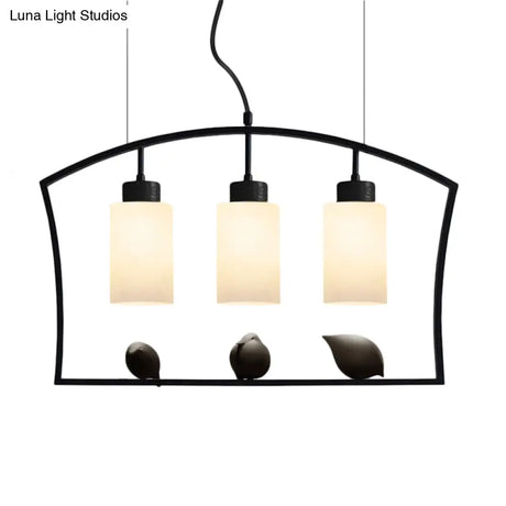 Chinese Style Cylinder Island Light Fixture - 3-Bulb White Glass Ceiling Lamp With Bird Decor In