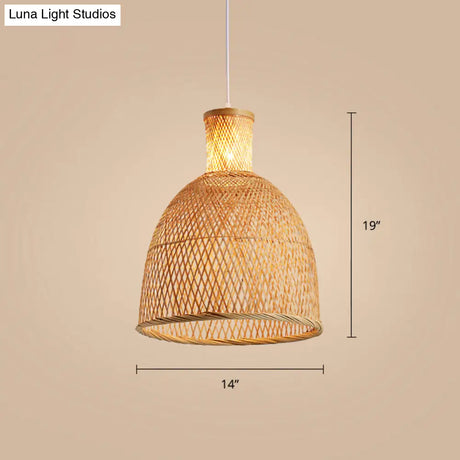 Chinese Style Handmade Bamboo Ceiling Light - Single Pendant For Restaurant Wood Finish