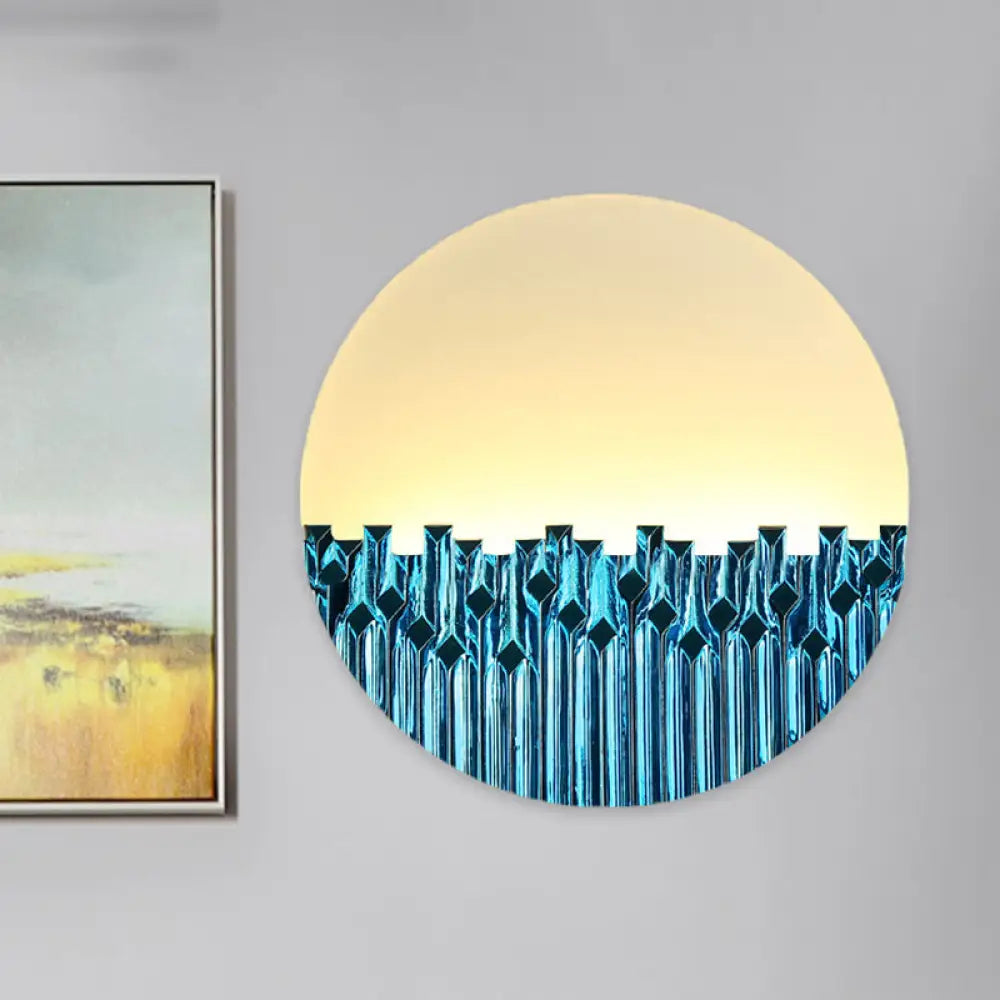 Chinese Style Led Corridor Wall Lamp: Blue/Silver Metallic Surface Patterned Light With Round