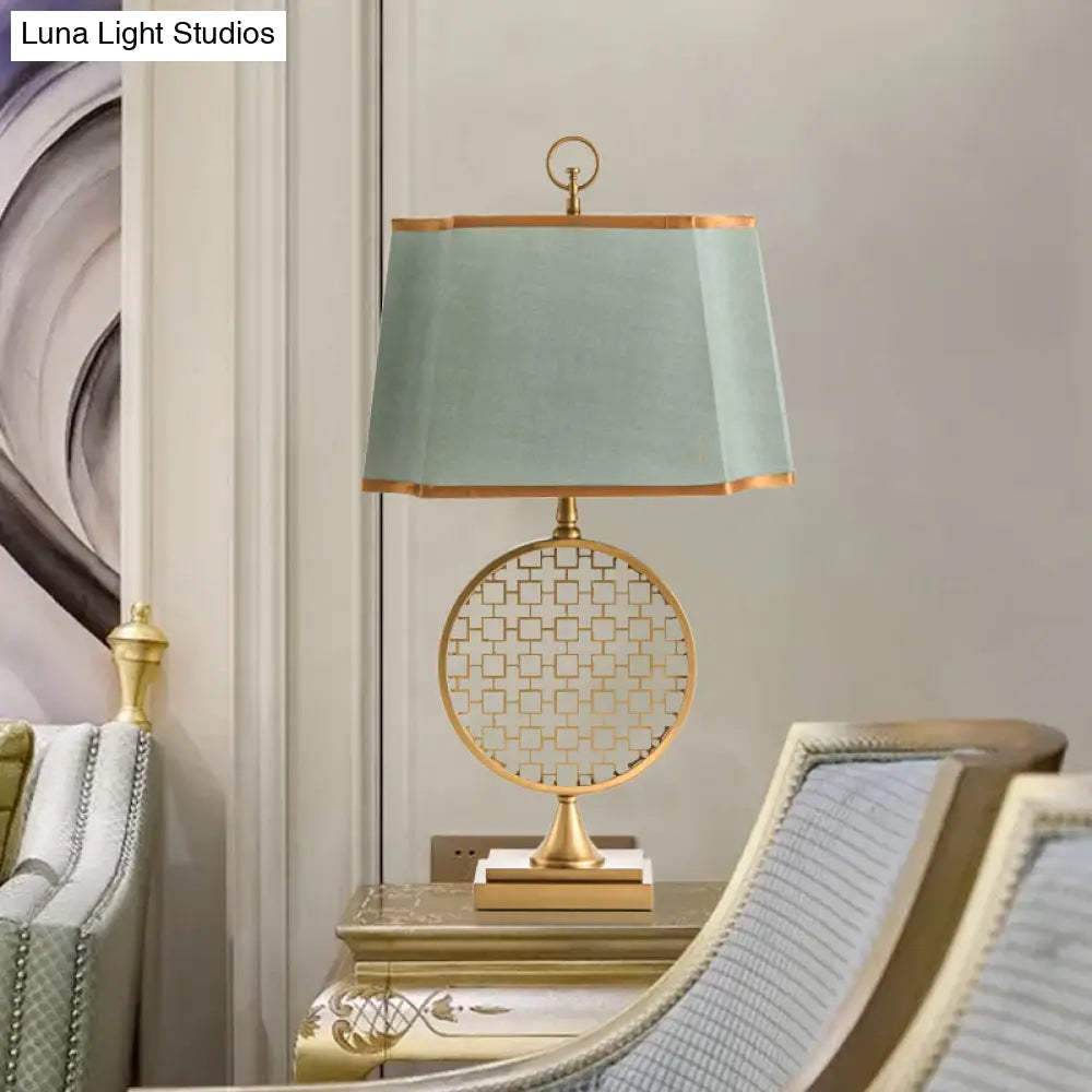 Chinese Style Led Desk Lamp With Gold Drum Shape & Green Fabric Shade