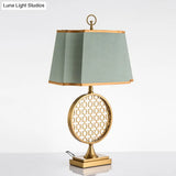 Chinese Style Led Desk Lamp With Gold Drum Shape & Green Fabric Shade
