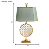 Chinese Style Led Desk Lamp With Gold Drum Shape & Green Fabric Shade