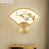Chinese Style Led Gold Branch Wall Mural Lamp - Fan Metal Mounted Lighting For Corridors