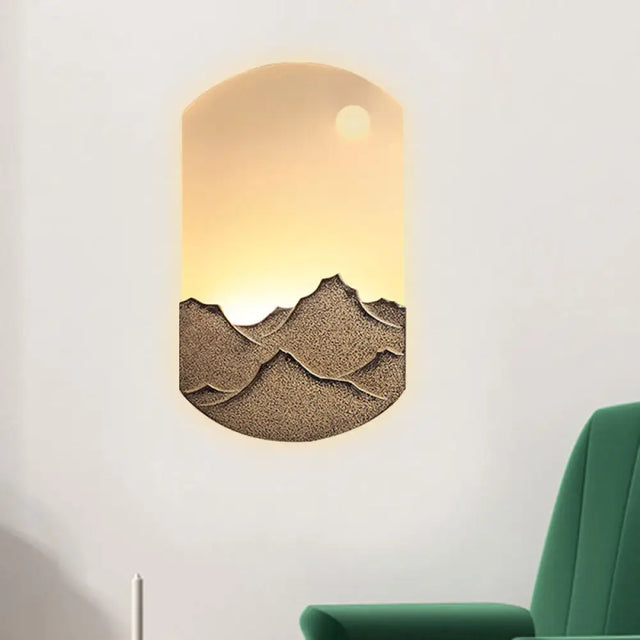 Chinese Style Led Oval Wall Mural Light - Silver/Brown Acrylic Mount With Mountain Pattern For