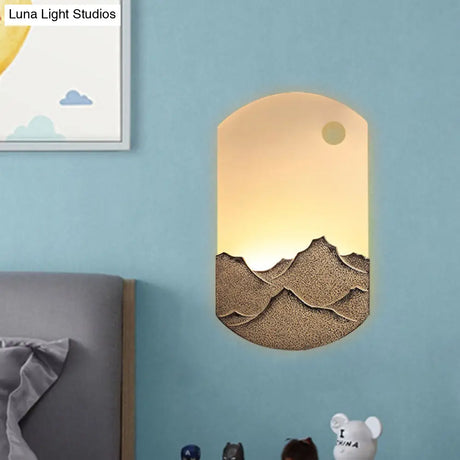Chinese Style Led Oval Wall Mural Light - Silver/Brown Acrylic Mount With Mountain Pattern For