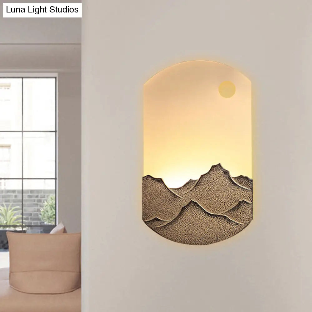 Chinese Style Led Oval Wall Mural Light - Silver/Brown Acrylic Mount With Mountain Pattern For