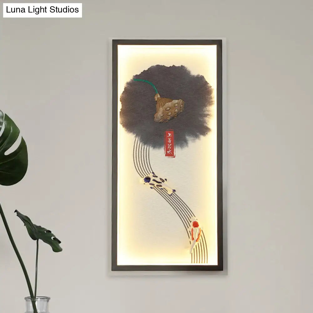 Chinese Style Led Wall Lamp - Black Lotus Seed And Fish Mural Lighting Fixture