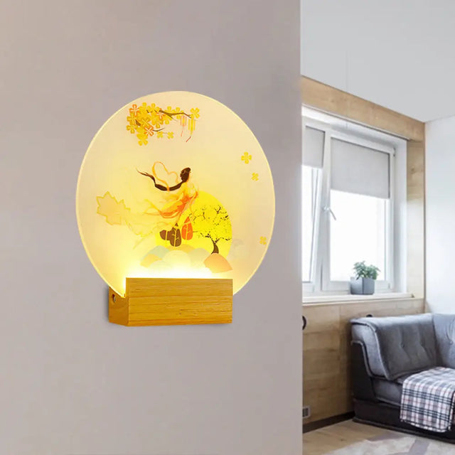 Chinese Style Led Wall Lamp With Acrylic Goddess Design For Bedroom Wood
