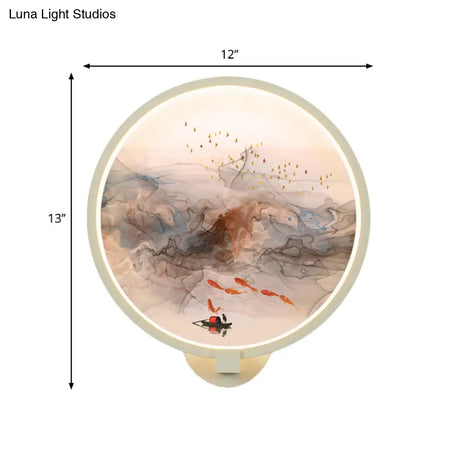 Chinese Style Led Wall Light - White Acrylic Mural Lamp For Hallway With Fish And Bird Design