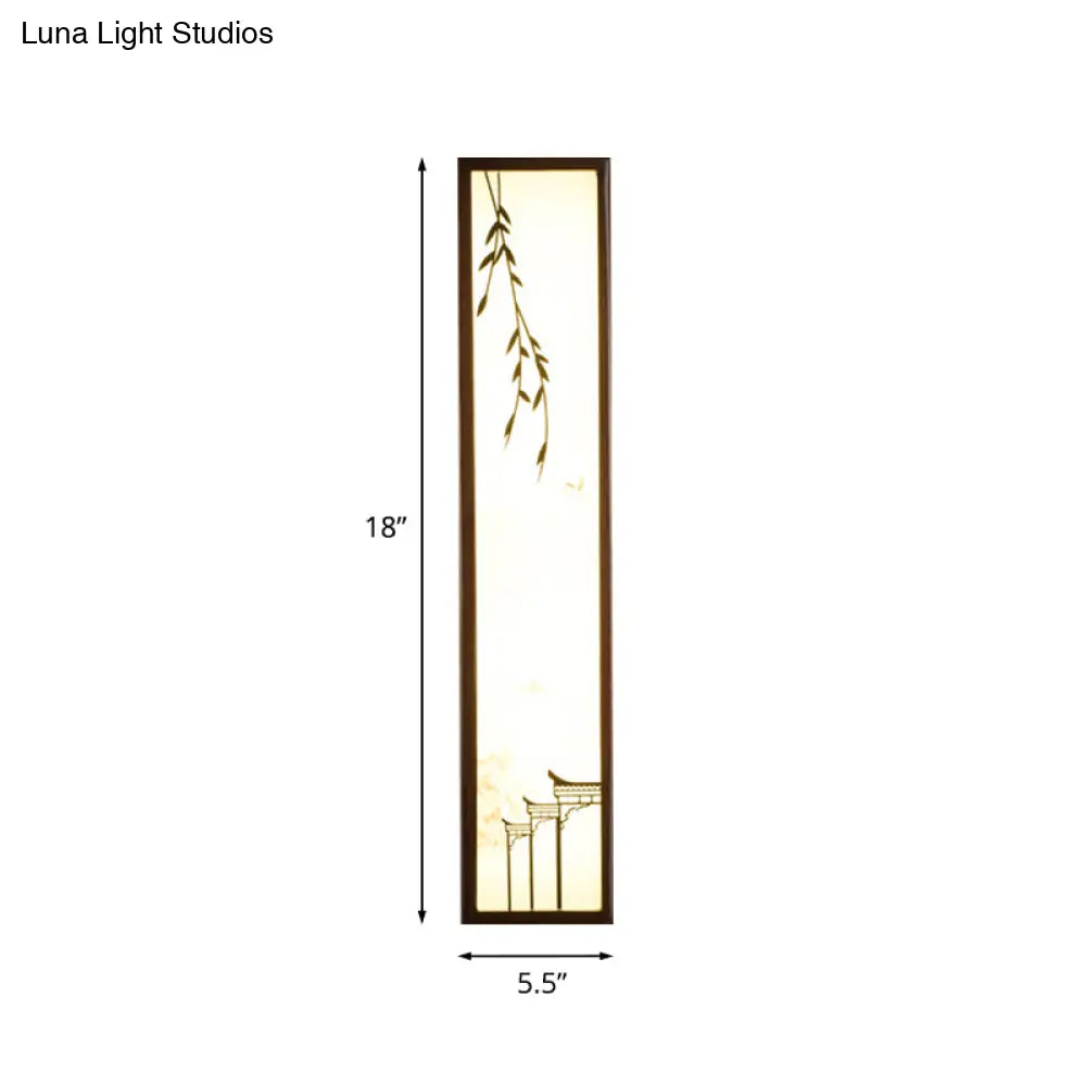 Chinese Style Led Wall Mural Lamp - Acrylic Brown Rectangle Mounted Light With Lotus/Leaf Pattern