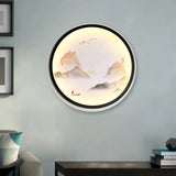 Chinese Style Led Wall Sconce - Foggy Mountains Fabric Mural Lamp Black