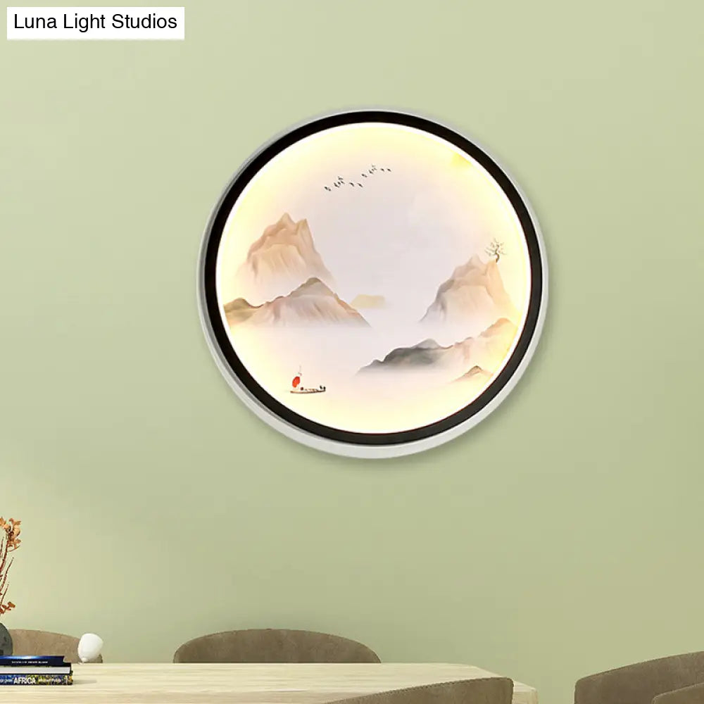 Chinese Style Led Wall Sconce - Foggy Mountains Fabric Mural Lamp