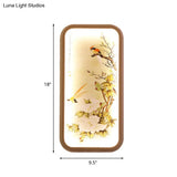Chinese Style Led Yellow Wall Mount Light With Fabric Rectangle Leaf And Bird Mural