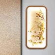 Chinese Style Led Yellow Wall Mount Light With Fabric Rectangle Leaf And Bird Mural