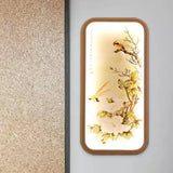 Chinese Style Led Yellow Wall Mount Light With Fabric Rectangle Leaf And Bird Mural