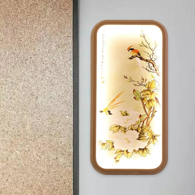 Chinese Style Led Yellow Wall Mount Light With Fabric Rectangle Leaf And Bird Mural