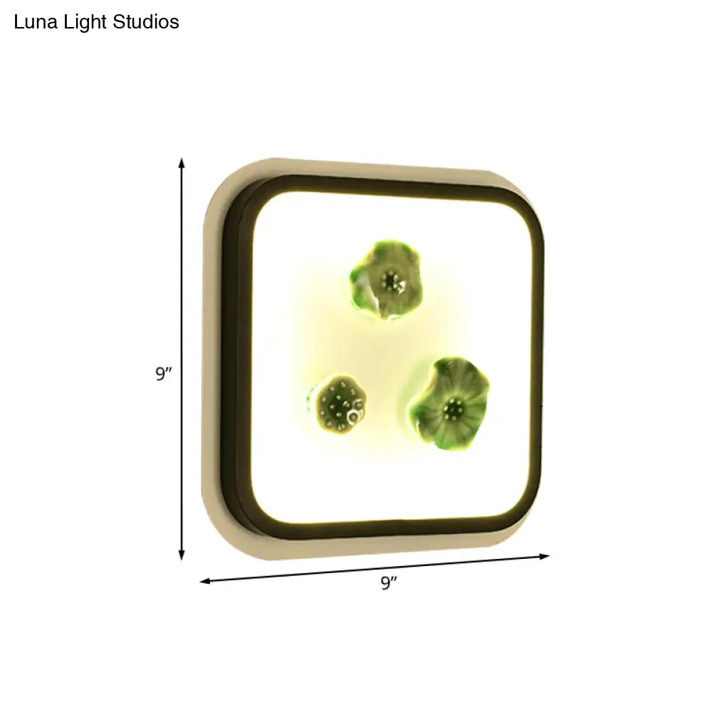 Chinese Style Lotus Wall Lamp: Led Porcelain Light In Black And White Square Design