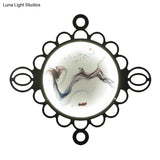 Chinese Style Mountain Landscape Metal Mural Lamp: Black Led Wall Mount Lighting With Edge Circles