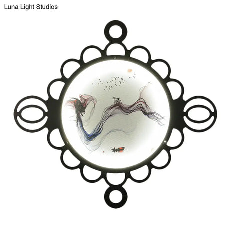 Chinese Style Mountain Landscape Metal Mural Lamp: Black Led Wall Mount Lighting With Edge Circles