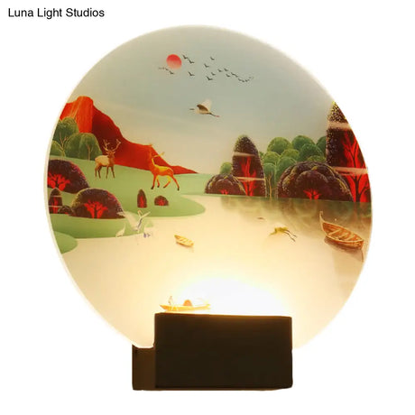 Chinese Style Wall Lamp With Led Acrylic Mural Featuring Black Elk And Lake