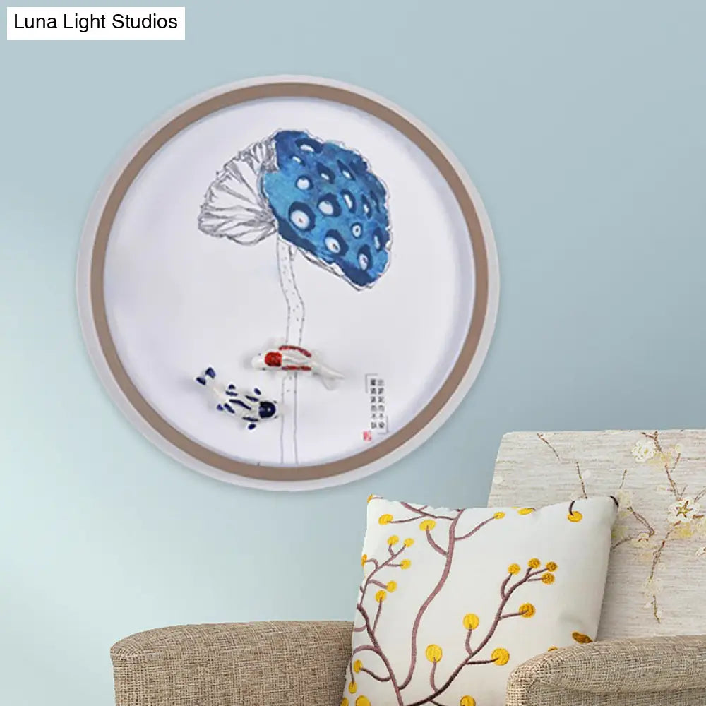 Chinese Style Watercolour Mountain/Fish Led Wall Mount In White For Bedroom Décor