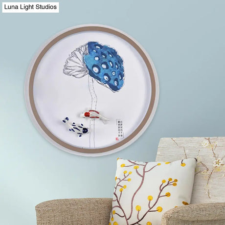 Chinese Style Watercolour Mountain/Fish Led Wall Mount In White For Bedroom Décor