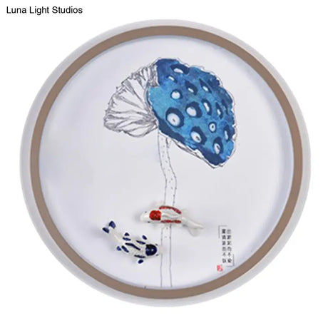 Chinese Style Watercolour Mountain/Fish Led Wall Mount In White For Bedroom Décor