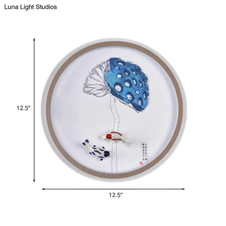 Chinese Style Watercolour Mountain/Fish Led Wall Mount In White For Bedroom Décor
