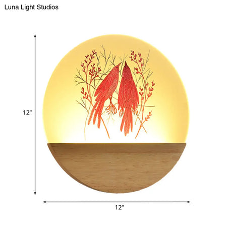 Chinese Style Wood Round Bird And Tree Led Acrylic Wall Light - Ideal Bedside Lighting