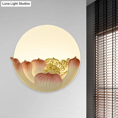 Chinese White Lotus And Mountain Moon Resin Mural Led Wall Lamp For Guest Room