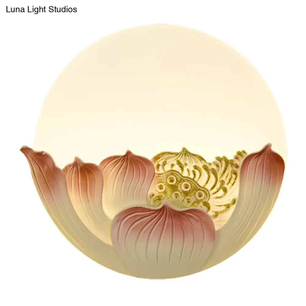 Chinese White Lotus And Mountain Moon Resin Mural Led Wall Lamp For Guest Room