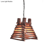 Chinese Wood Shade Hanging Light Fixture In Red-Brown Trapezoid Design