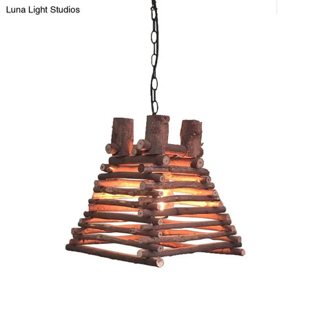 Chinese Wood Shade Hanging Light Fixture In Red-Brown Trapezoid Design