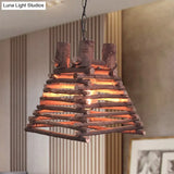 Chinese Wood Shade Hanging Light Fixture In Red-Brown Trapezoid Design