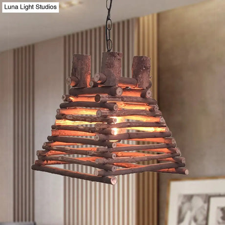 Chinese Wood Shade Hanging Light Fixture In Red-Brown Trapezoid Design