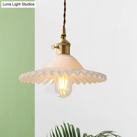 Chloe - Scalloped Pendant Light: Industrial Brass & White Glass