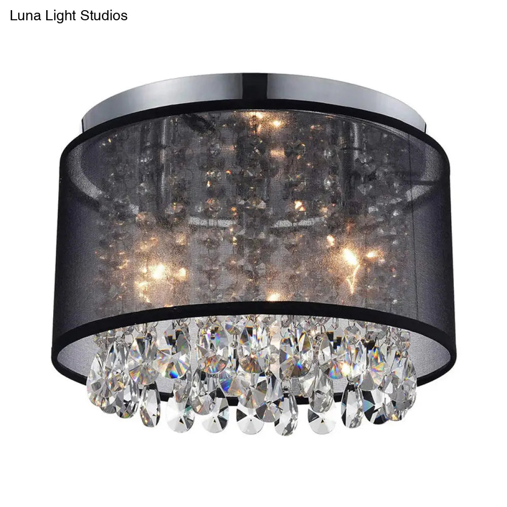 Chrome Flush Mount Lamp With Crystal Drops - Simple & Stylish 3 - Light Cylinder Ceiling Fixture
