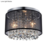 Chrome Flush Mount Lamp With Crystal Drops - Simple & Stylish 3 - Light Cylinder Ceiling Fixture